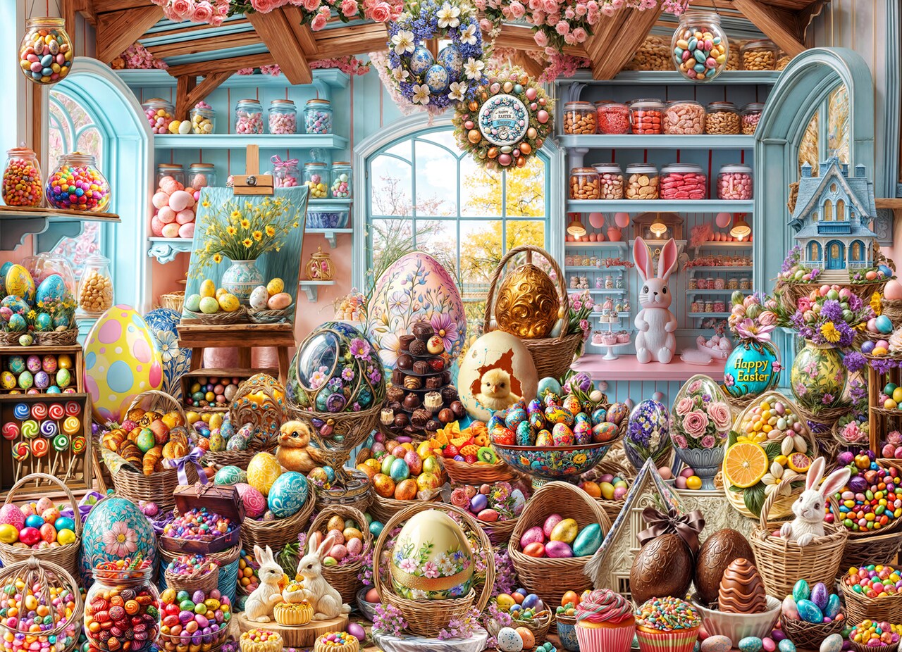 Easter Shop Jigsaw Puzzle 1000 Piece by Vermont Christmas Company - Easter Puzzles with Fully Interlocking & Randomly Shaped Pieces - 26 5/8" x 19 1/4"